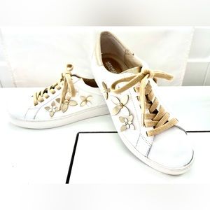 MICHAEL KORS LOLA White Leather Tennis Shoes w/Gold Floral Accents